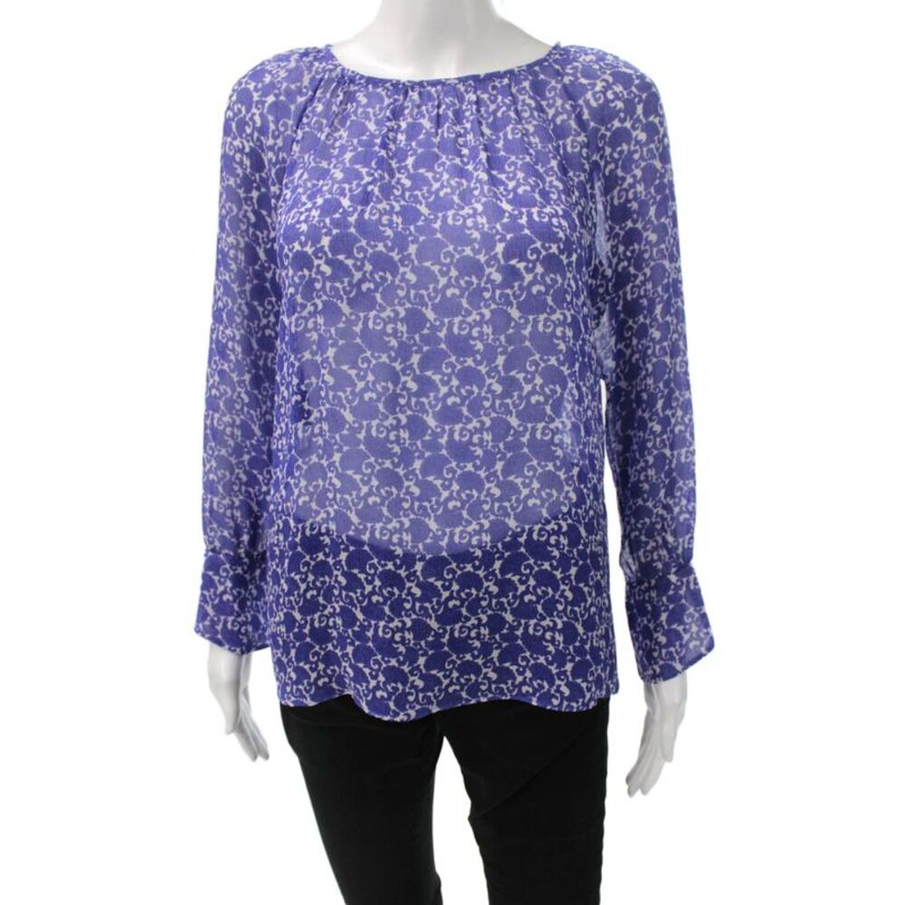Derek Lam Womens Purple Silk Geometric Round Neck Long Sleeve Blouse Size 2